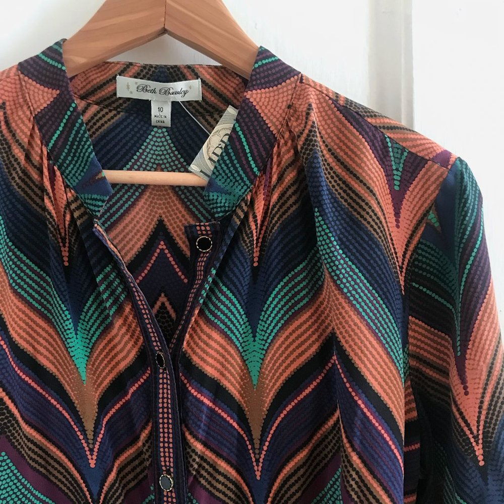 NWT Beth Bowley Silk Chevron/Wave Print Shirtdress